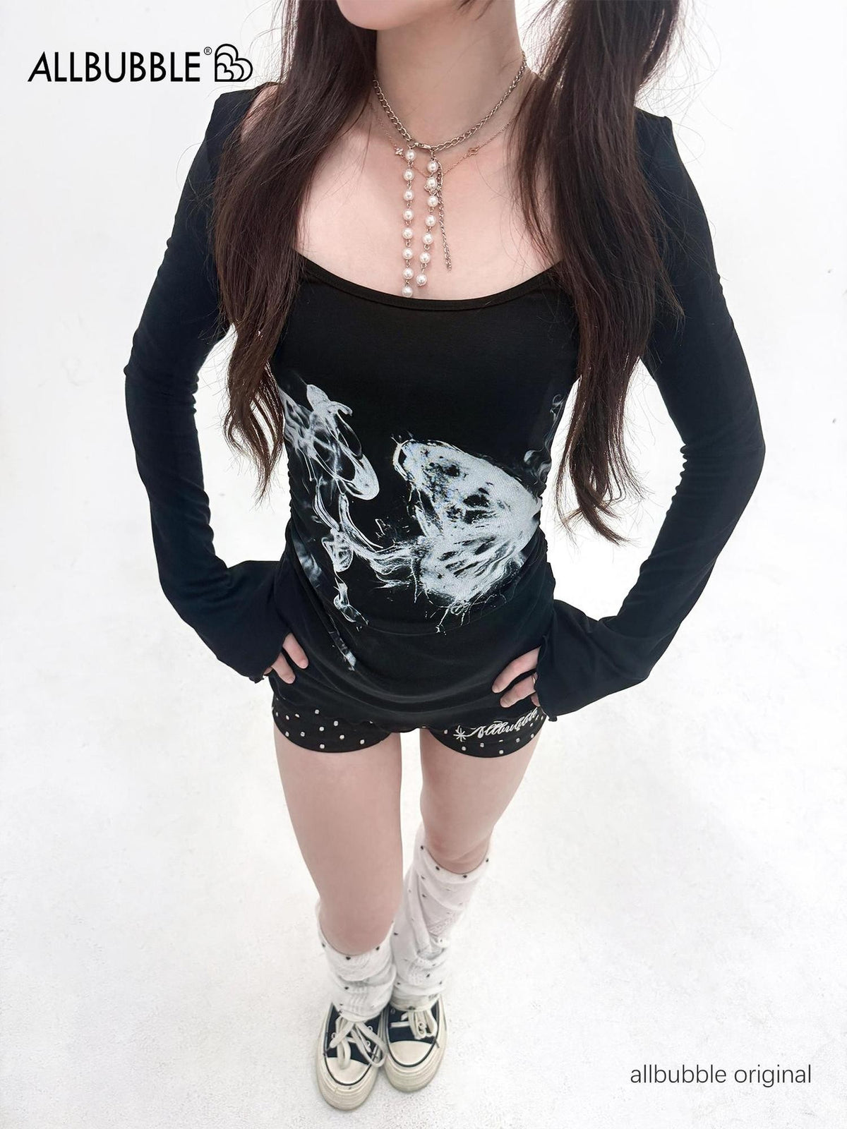 allbubble Smoke Butterfly Art Print Ruched Waist Women's Lyocell Long Sleeve T-shirts