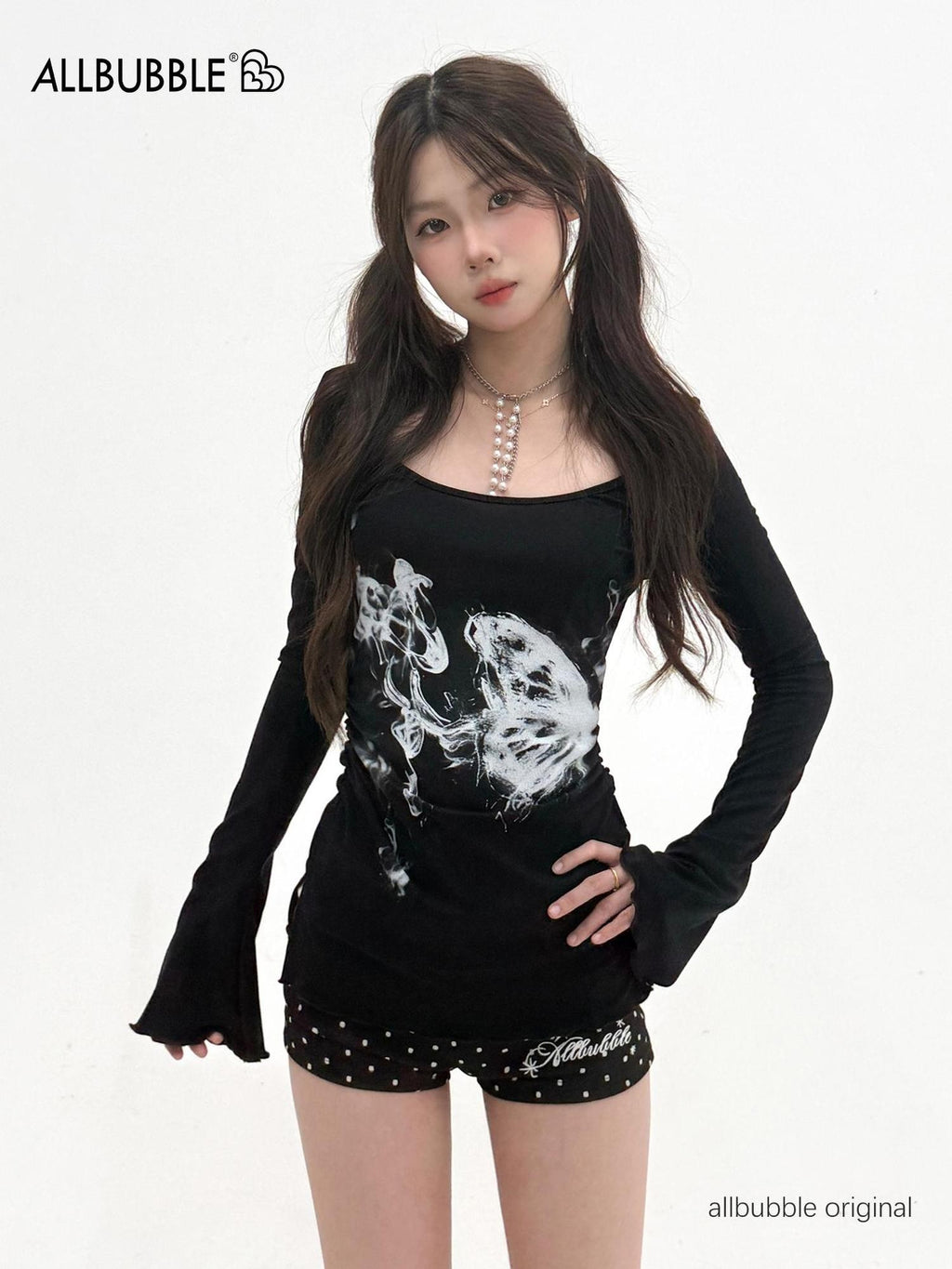 allbubble Smoke Butterfly Art Print Ruched Waist Women's Lyocell Long Sleeve T-shirts
