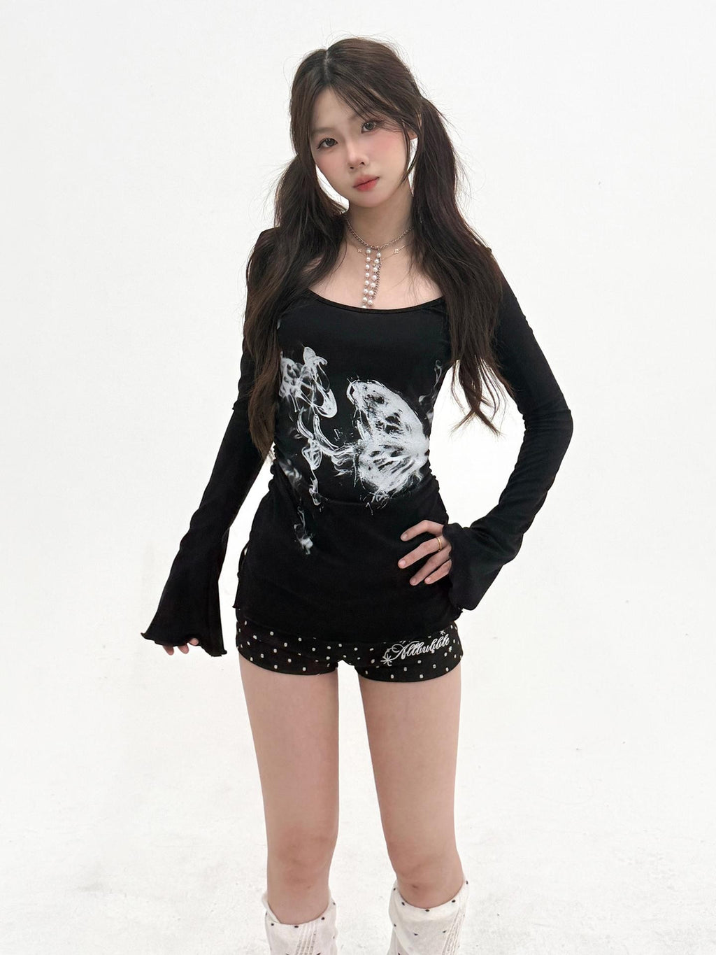 allbubble Smoke Butterfly Art Print Ruched Waist Women's Lyocell Long Sleeve T-shirts