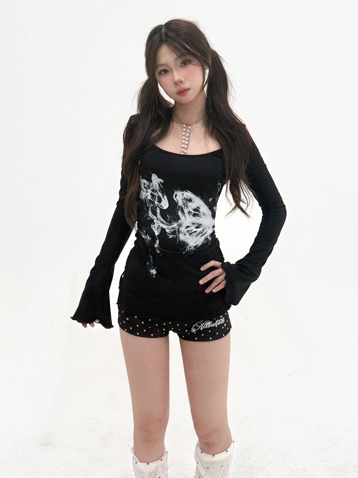 allbubble Smoke Butterfly Art Print Ruched Waist Women's Lyocell Long Sleeve T-shirts