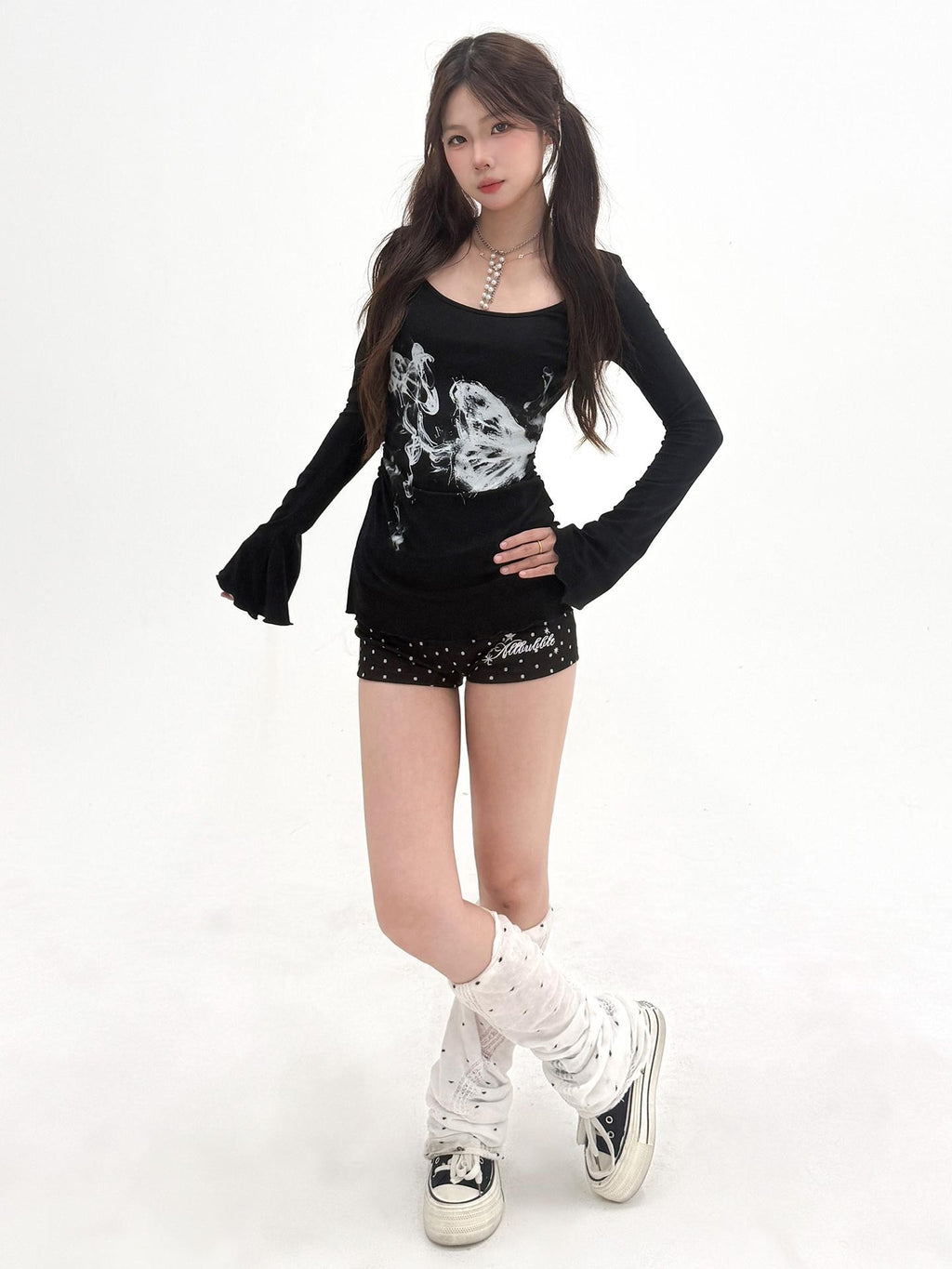 allbubble Smoke Butterfly Art Print Ruched Waist Women's Lyocell Long Sleeve T-shirts