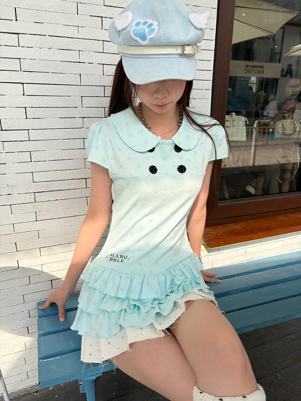 Star Print Doll Collar Puff Sleeve Women's Cotton Short Sleeve T-shirts
