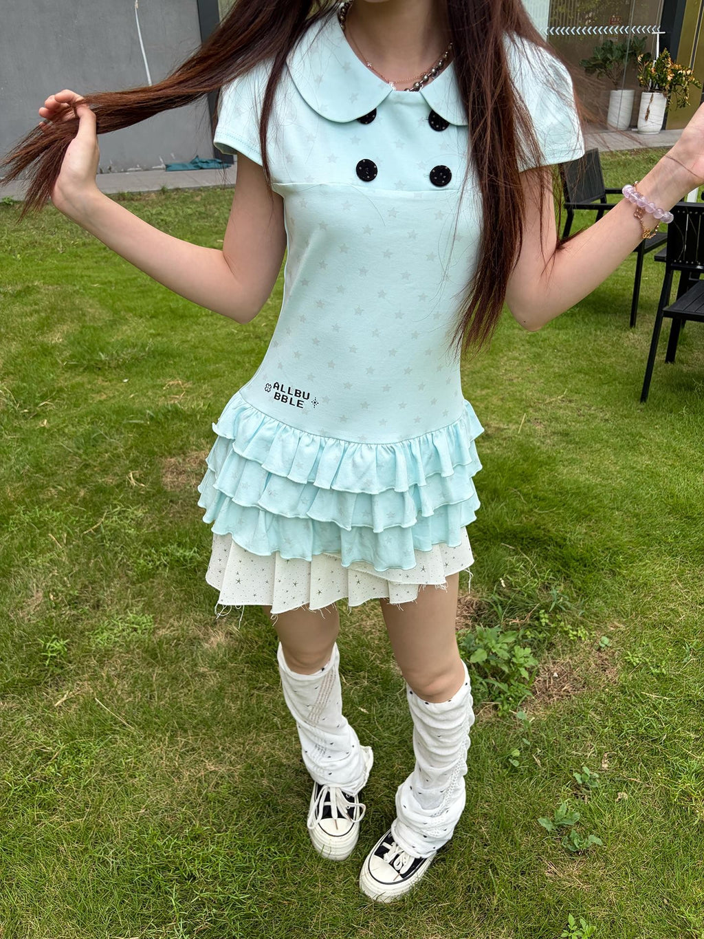 Star Print Doll Collar Puff Sleeve Women's Cotton Short Sleeve T-shirts