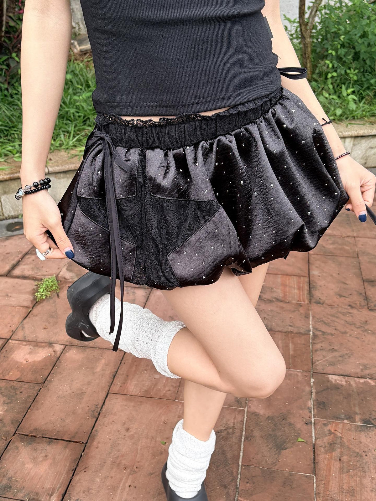 allbubble Star Rhinestone Lace Satin Bubble Hem Tie Women's Skorts