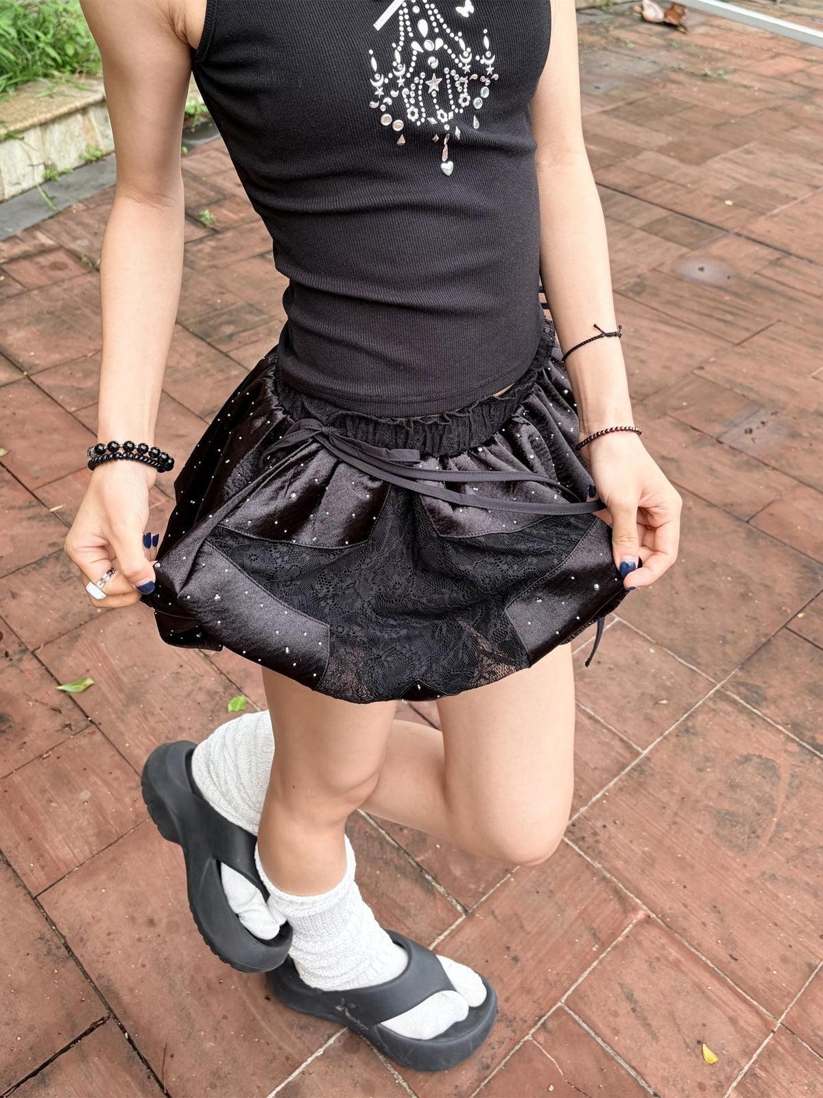 allbubble Star Rhinestone Lace Satin Bubble Hem Tie Women's Skorts