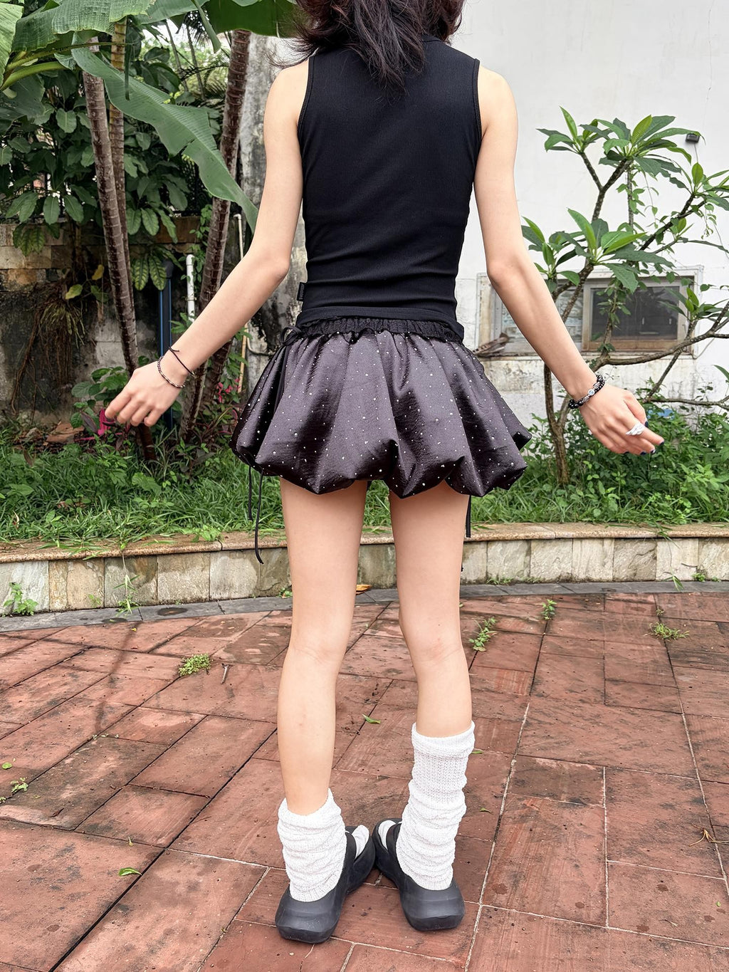 allbubble Star Rhinestone Lace Satin Bubble Hem Tie Women's Skorts
