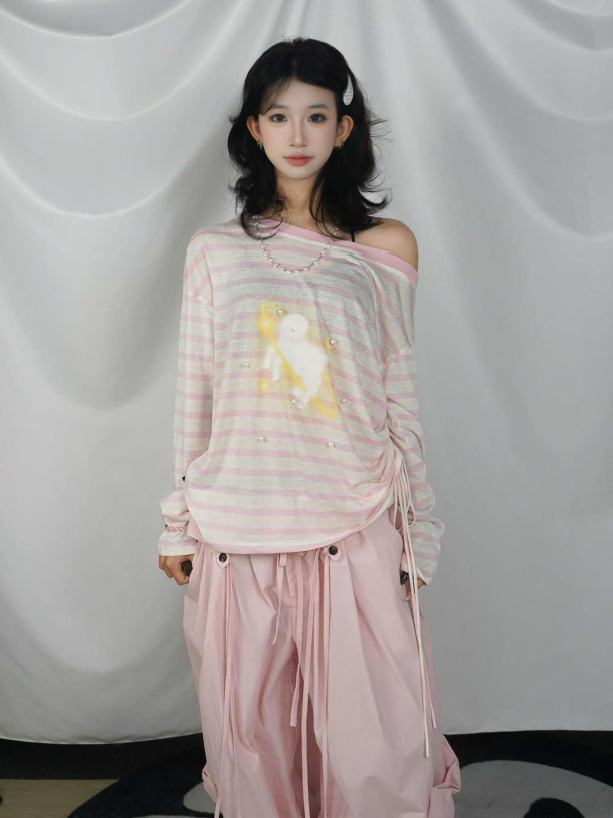 allbubble Striped Print Asymmetric Off Shoulder Loose Women's Lyocell Long Sleeve T-shirts