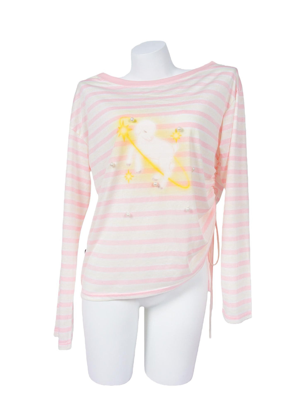 allbubble Striped Print Asymmetric Off Shoulder Loose Women's Lyocell Long Sleeve T-shirts
