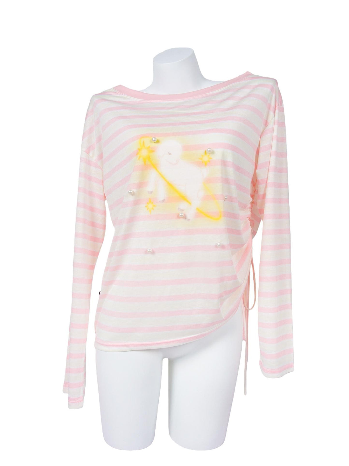 allbubble Striped Print Asymmetric Off Shoulder Loose Women's Lyocell Long Sleeve T-shirts