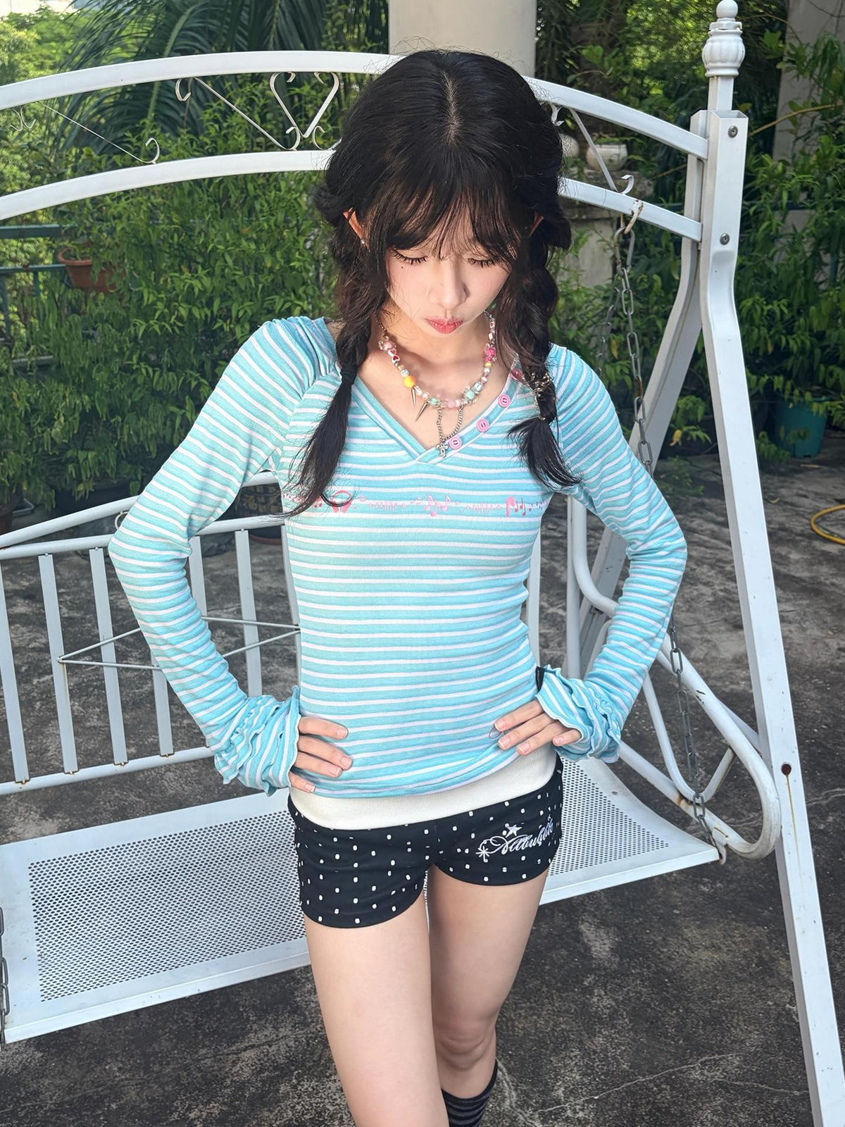 allbubble Striped Print V-neck Slim Fit Knit Women's Long Sleeve T-shirts