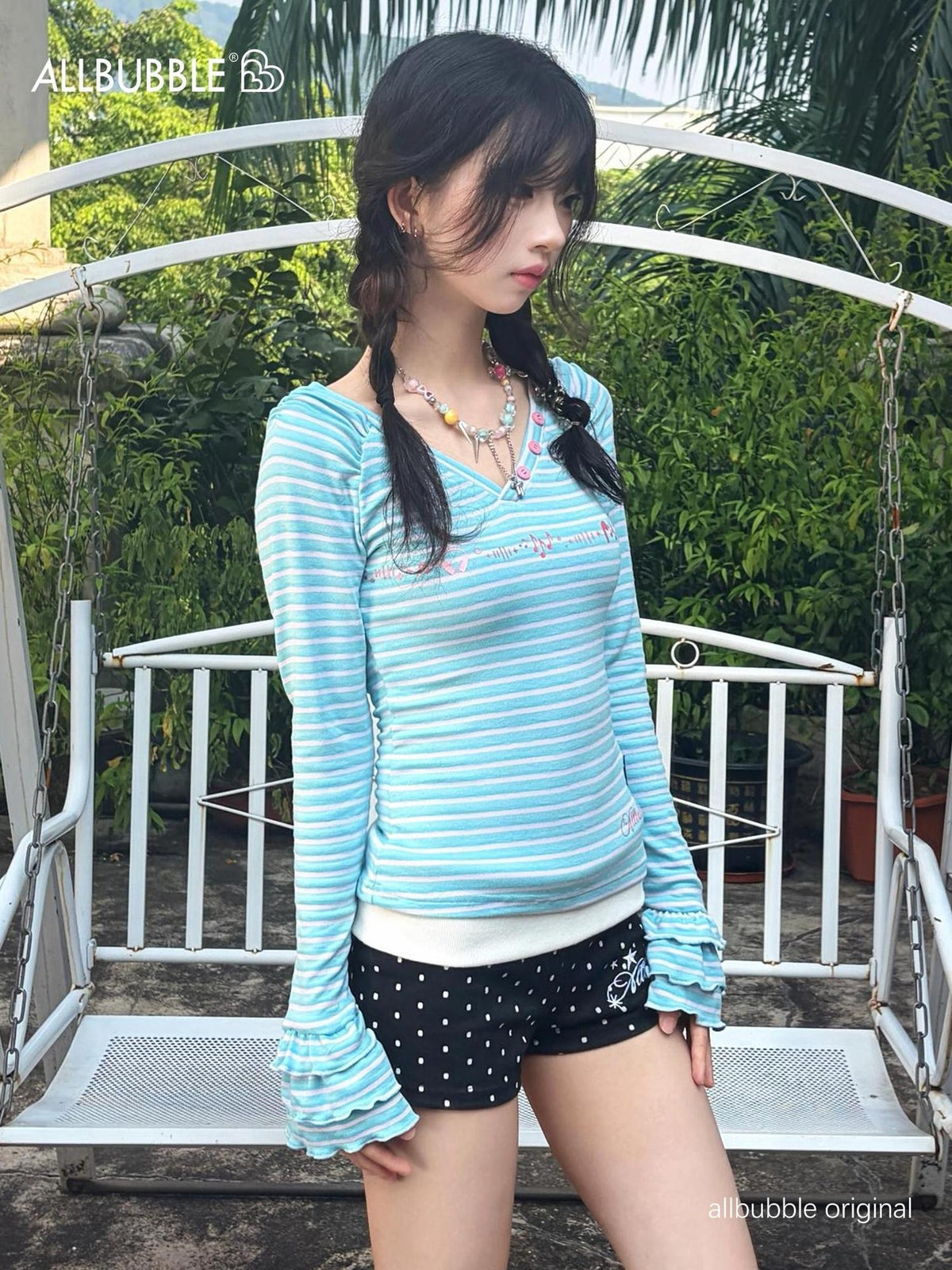 allbubble Striped Print V-neck Slim Fit Knit Women's Long Sleeve T-shirts