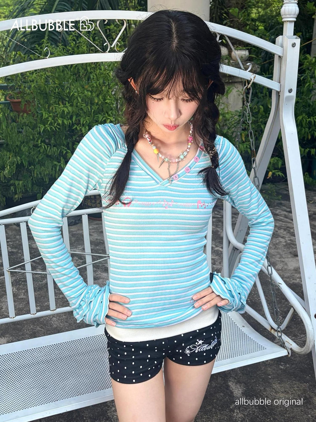 allbubble Striped Print V-neck Slim Fit Knit Women's Long Sleeve T-shirts