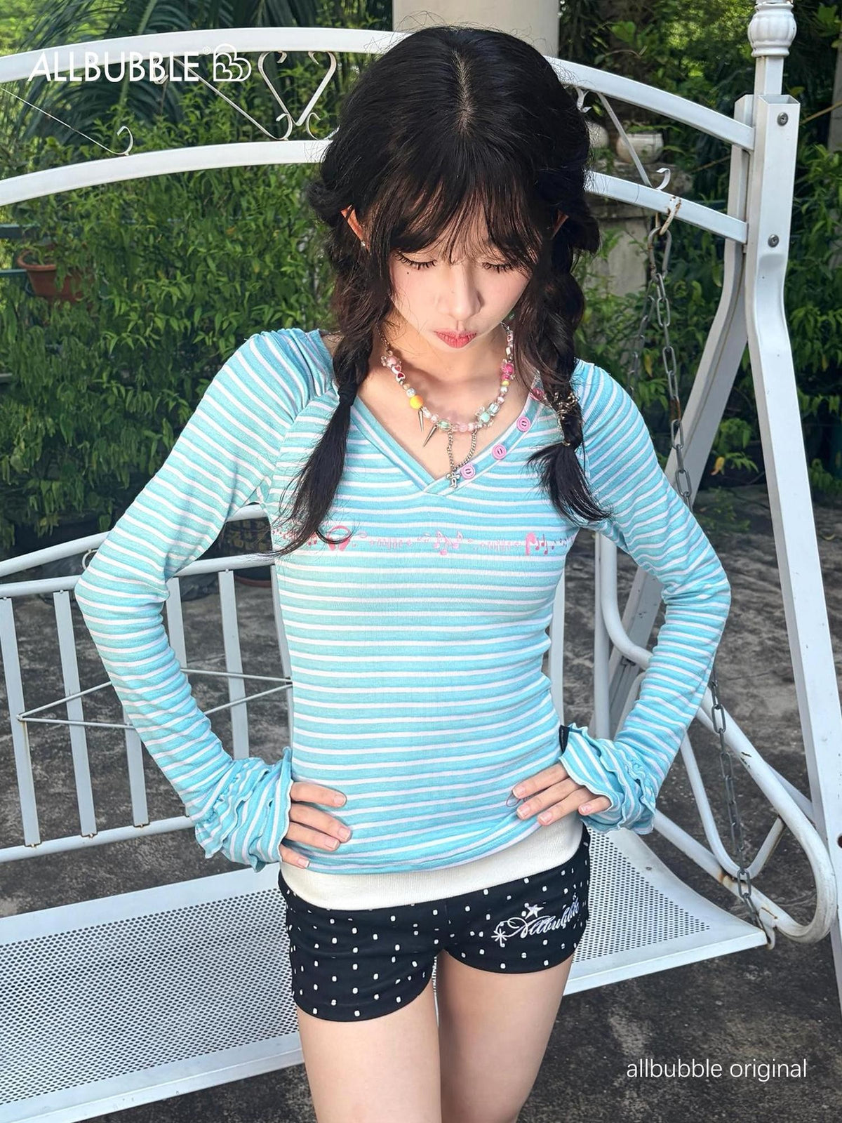 allbubble Striped Print V-neck Slim Fit Knit Women's Long Sleeve T-shirts