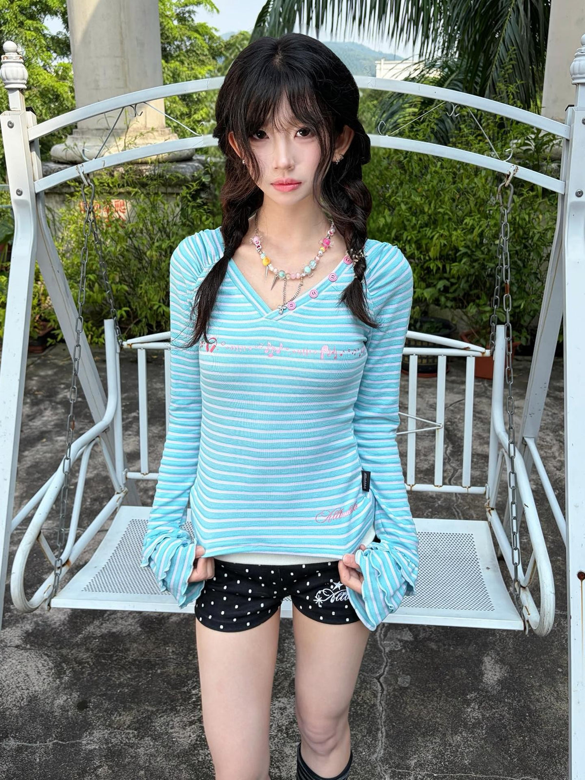 allbubble Striped Print V-neck Slim Fit Knit Women's Long Sleeve T-shirts