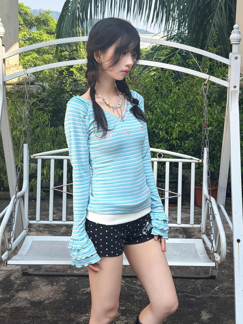 allbubble Striped Print V-neck Slim Fit Knit Women's Long Sleeve T-shirts