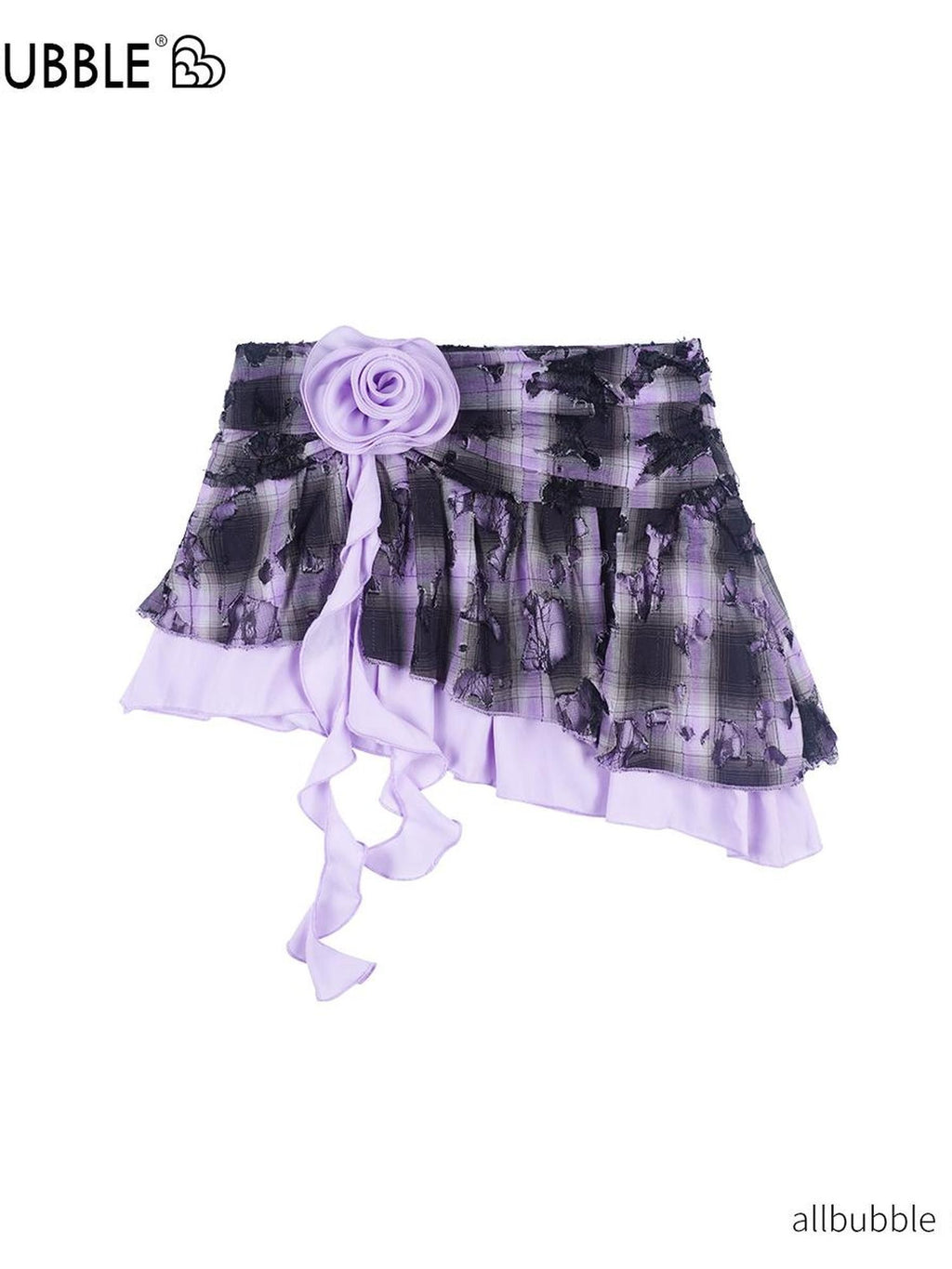 allbubble Sweet Purple Black Plaid Distressed Lace Front Slit Women's Cotton Mini Skirts