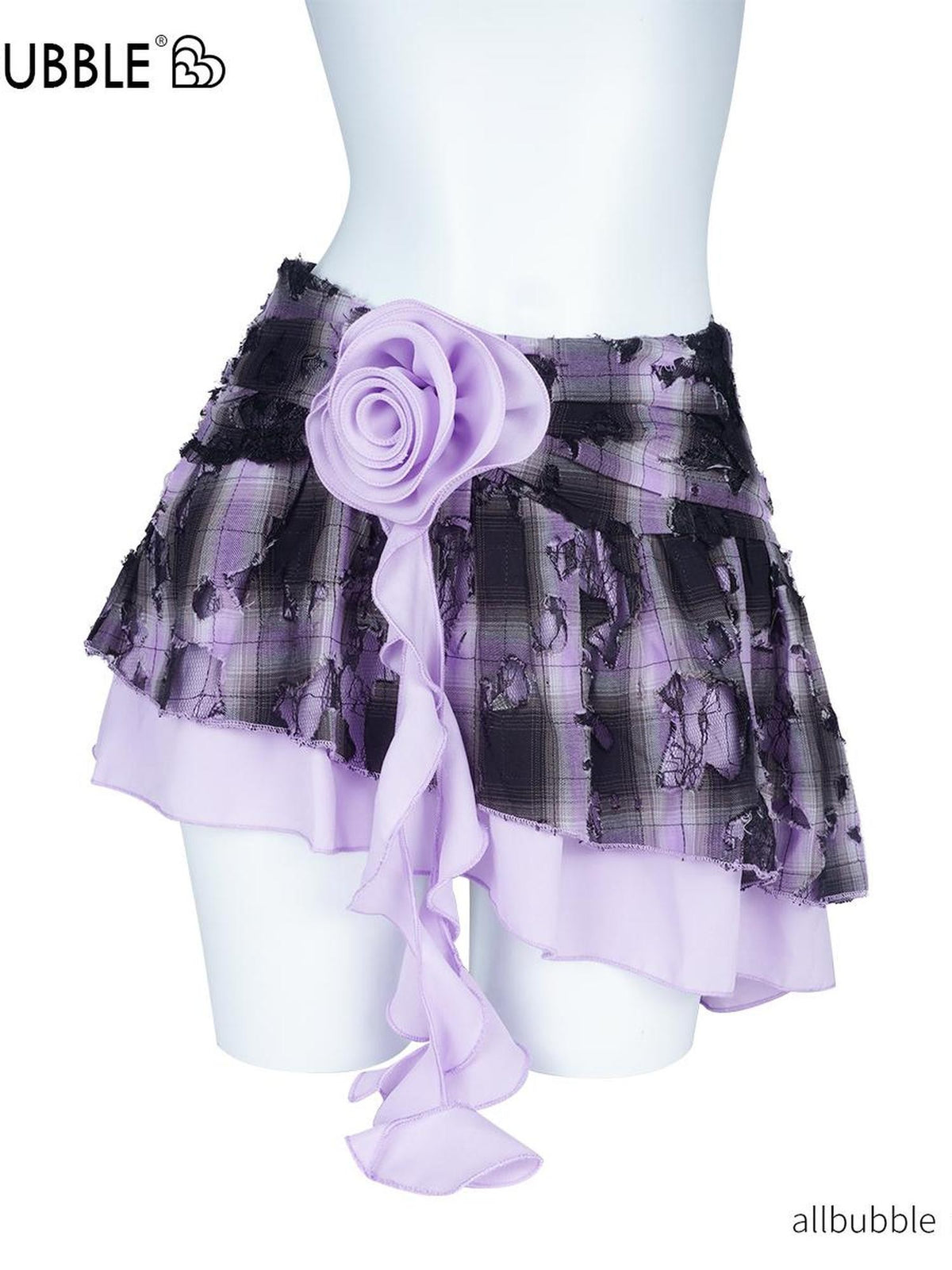 allbubble Sweet Purple Black Plaid Distressed Lace Front Slit Women's Cotton Mini Skirts