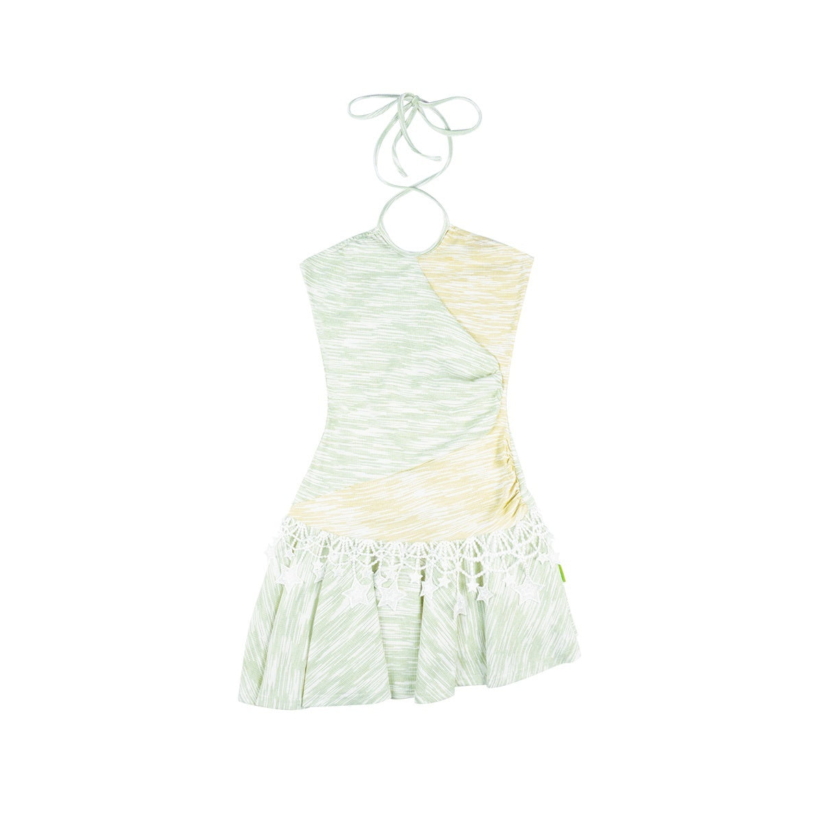 allbubble_Yellow_Green_Color_Block_Star_Knit_Women's_Halter_Mini_Dresses_885815958855_MISSTT