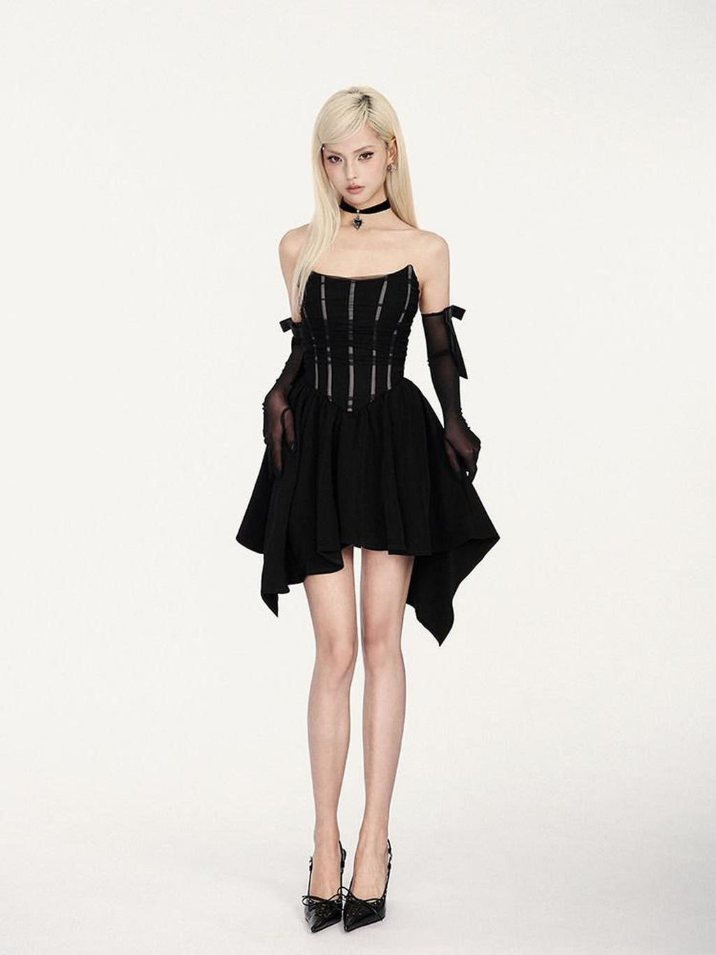 VOCK Little Black French Asymmetric Mesh Boned Women's Polyester Spandex Dress