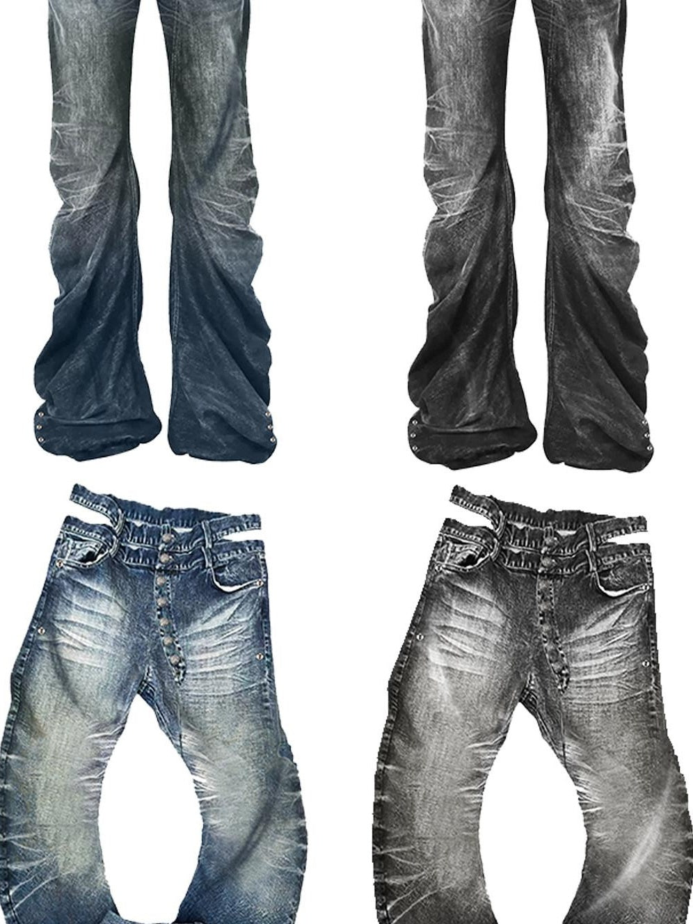 PAIKI High Stretch Washed Whisker Rivet Low Rise Loose Fit Casual Denim Straight Jeans