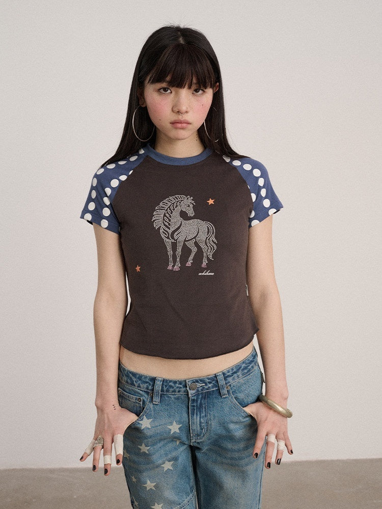 Achihara_Polka_Dot_Contrast_Panel_Rhinestone_Women'S_Cotton_Blend_Short_Sleeve_T-Shirts_MISSTT