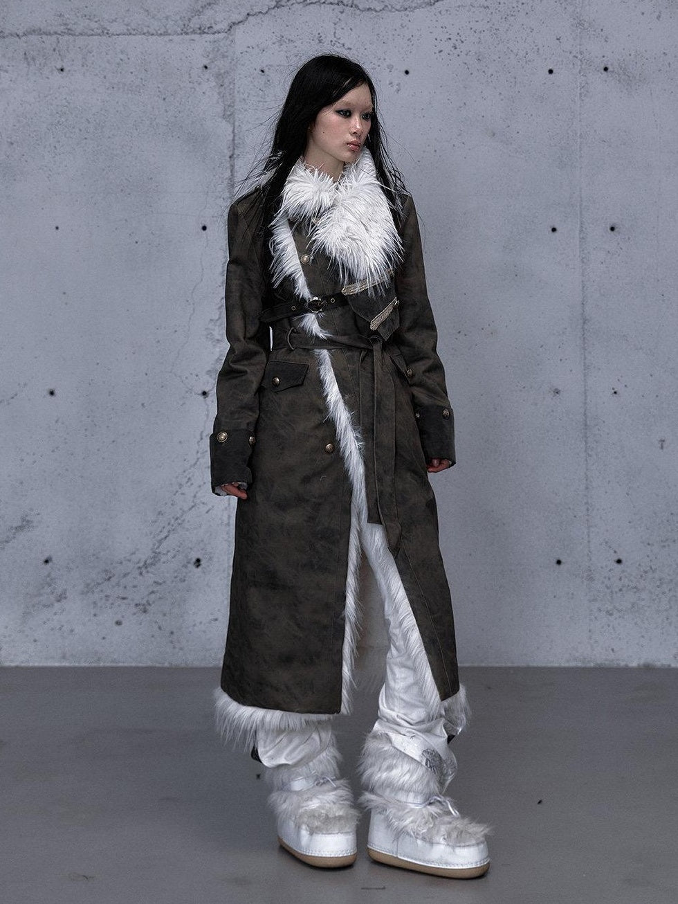 NO ROMANCE Reversible Fur Trim Regal Court Loose Fit Women Black Mint Green Long Coats