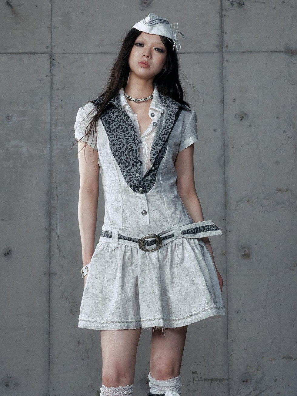 NO ROMANCE Layered Patchwork Polo Collar Slim Short Sleeve Travel Washed White Blouses