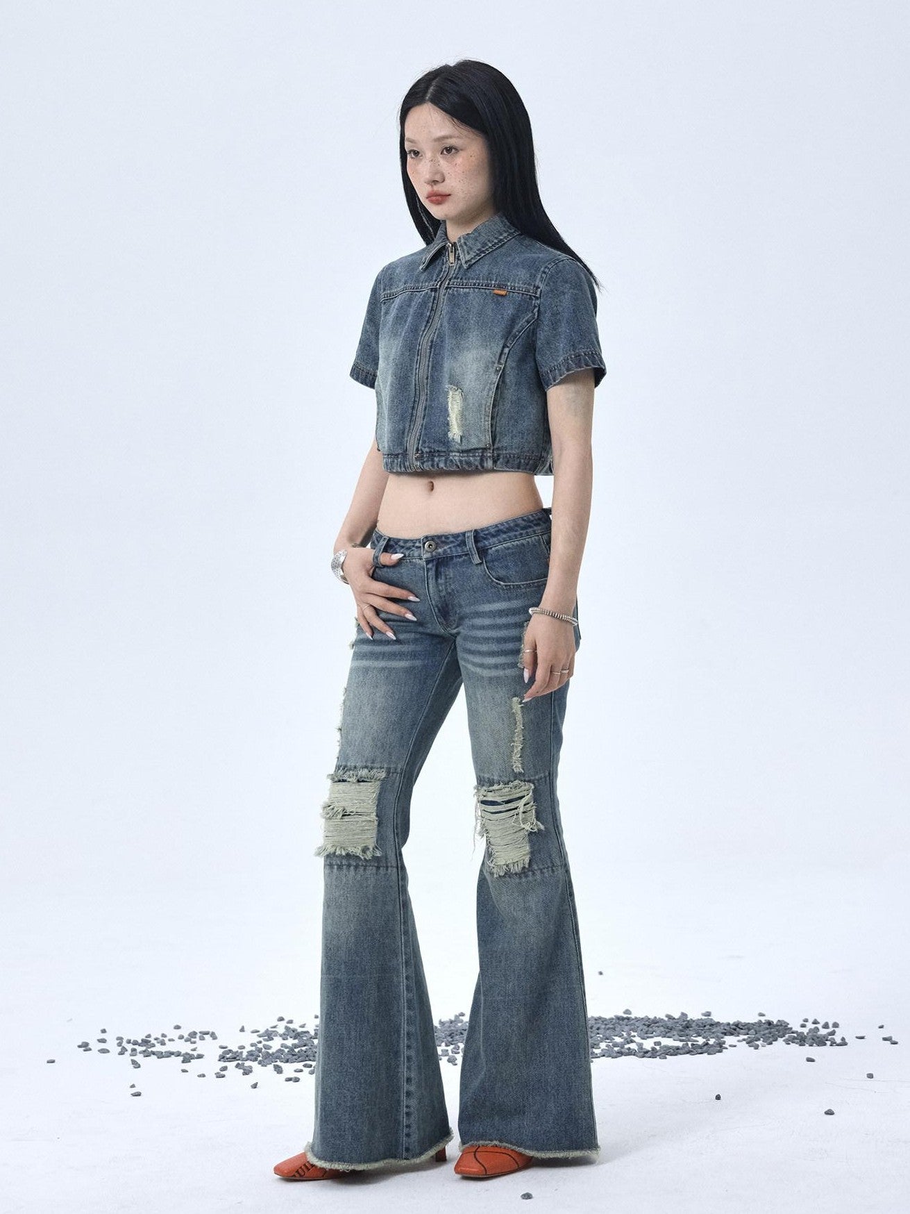 Achihara Vintage Washed Distressed Ripped Low Rise Women'S Denim Flare Jeans