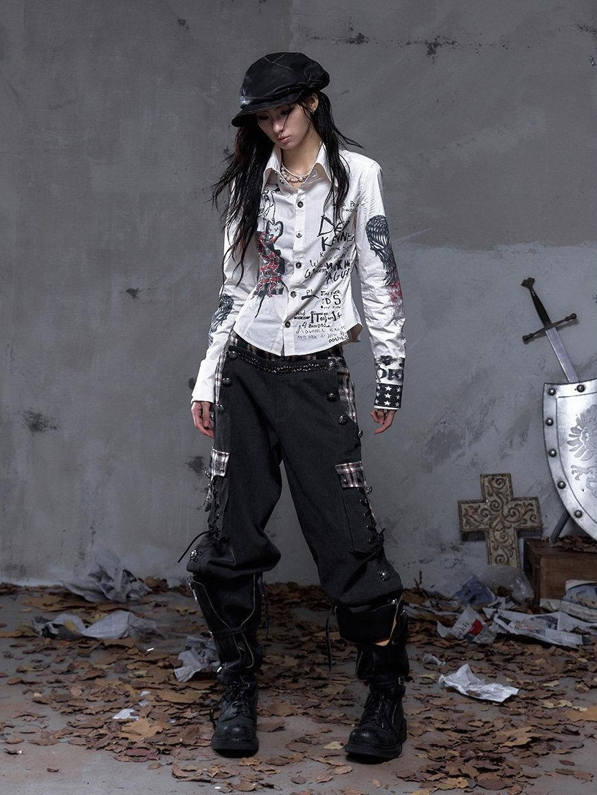 NO ROMANCE Pure Cotton Punk Patchwork Loose Fit Natural Waist Button Fly Women Pants Chinos