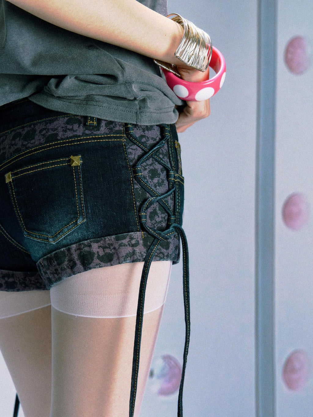 PAIKI Patchwork Studded Low Waist Pink Leopard Oxford Women Micro Stretch Denim Shorts