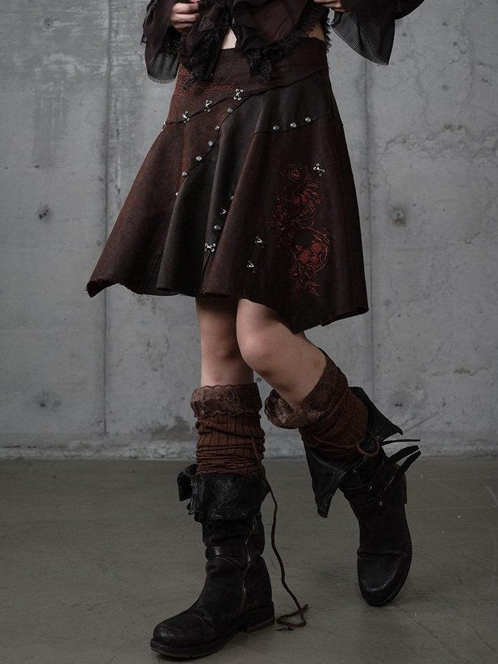 NO ROMANCE Embroidered Regal Asymmetric Mid Rise Loose Casual Girls Dark Brown Mini Skirts