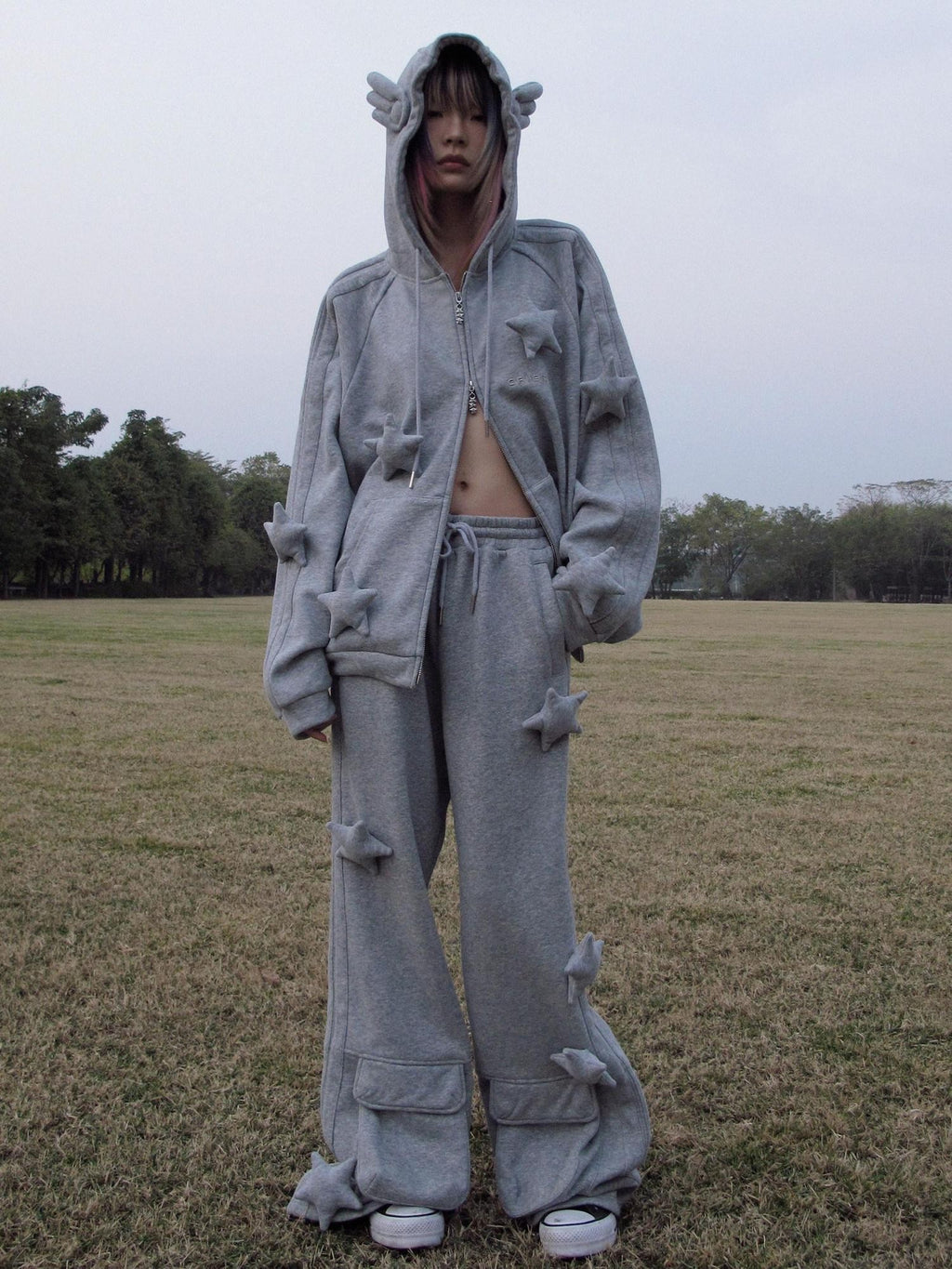 CFIERCE Asymmetrical Loose Straight Leg Street Natural Waist Gray Cotton Pants
