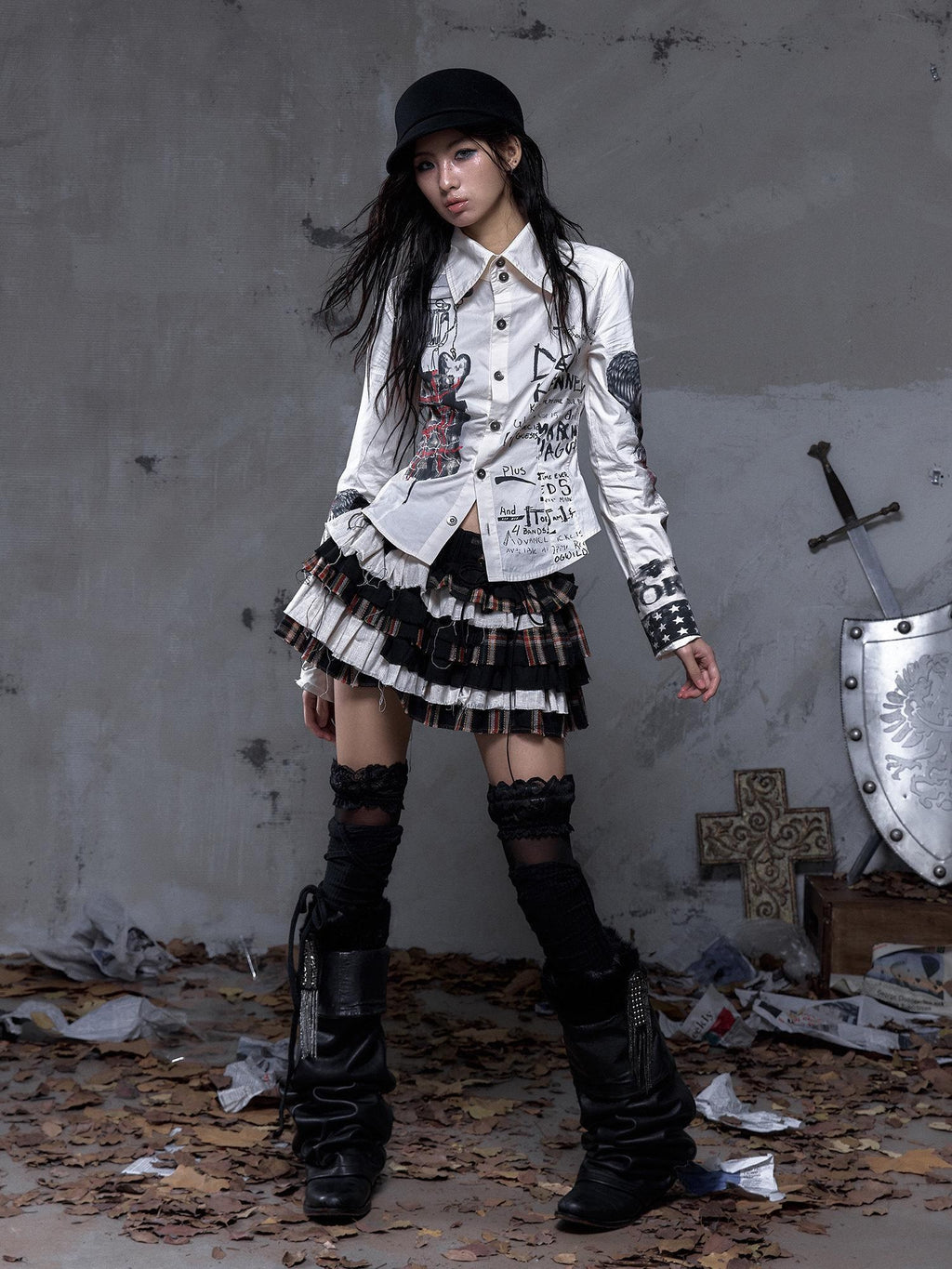 NO ROMANCE Layered Low Waist Punk Cake Skirt Loose Linen Cotton Youth Citywalk Mini Skirts