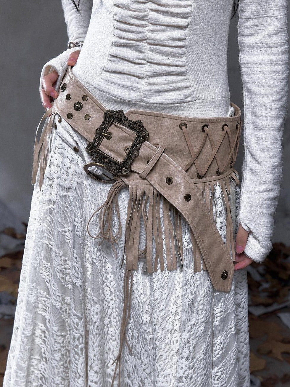 NO ROMANCE Leather Tassel Accent Vintage Punk Pin Buckle Women Metal Hardware Belts