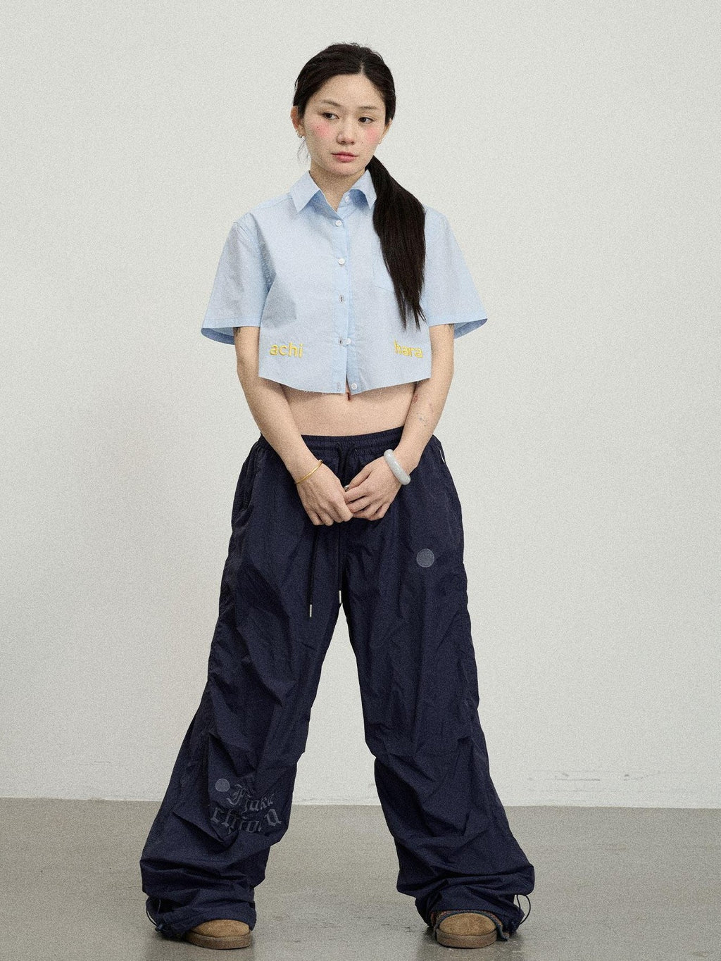 Achihara Soda Blue Office Collared Short Sleeve Women'S 100 Percent Cotton Crop Tops