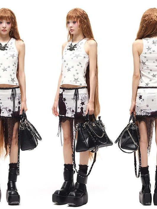 CFIERCE Lace Trim Printed Stretch Mid Waist A Line Casual Girls White Skirt