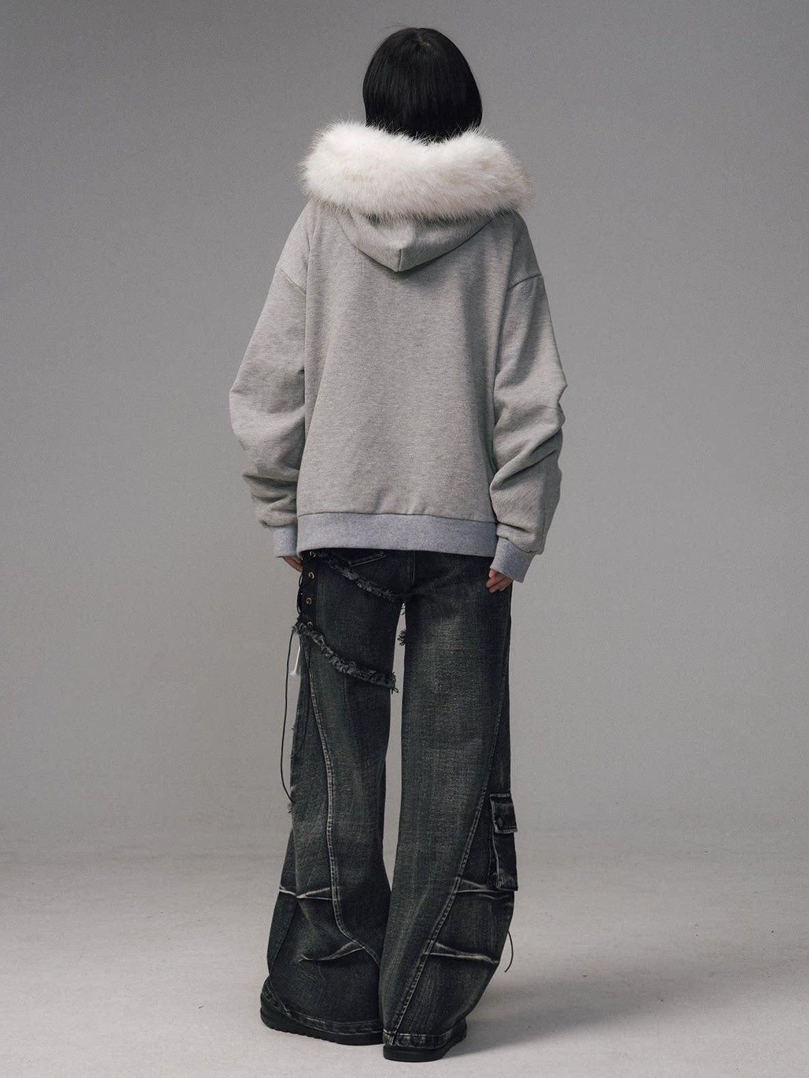 Frustration Garden Original Design Loose Fit Printed Fur Collar Zip Hooded Warm Gray Women Hoodies
