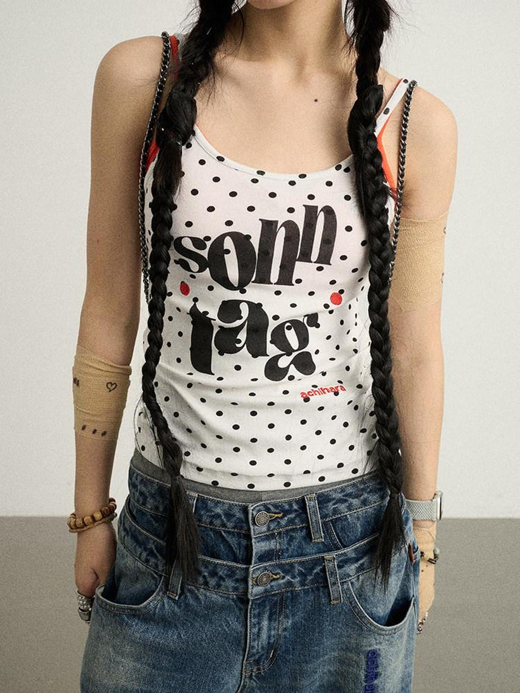Achihara Polka Dot Letter Print Slim Fit Women'S Viscose Blend Camisoles