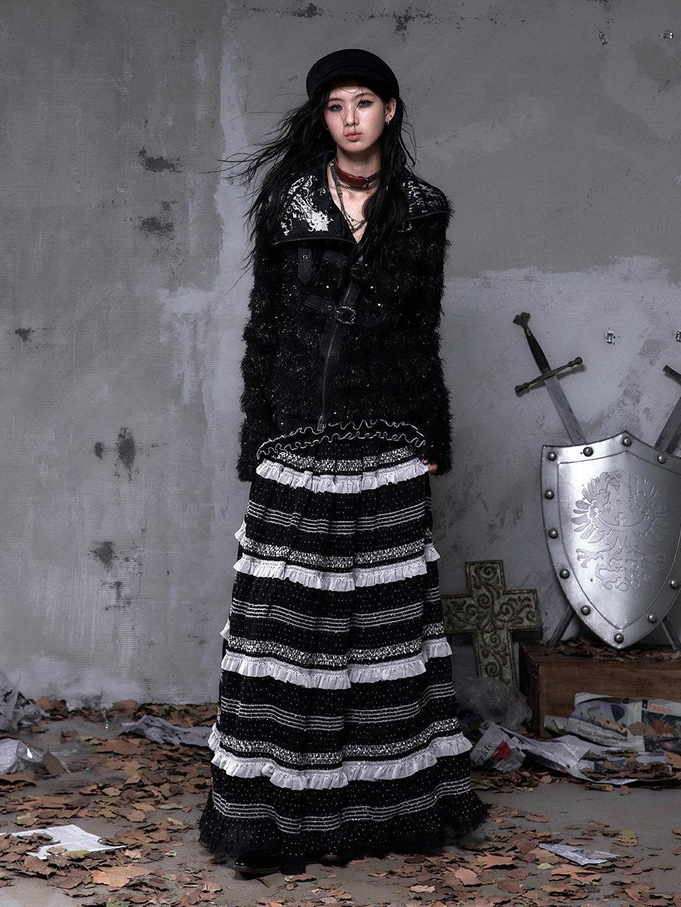 NO ROMANCE High Waist Victorian Lace Patchwork Pu Panel A Line Women Black Maxi Skirts