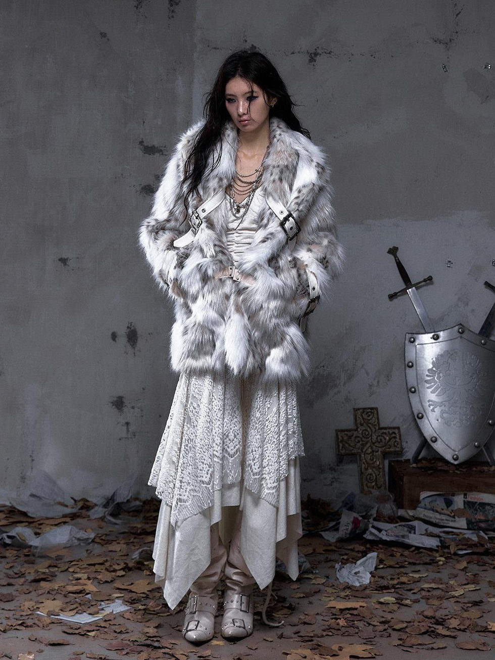 NO ROMANCE Insulated Retro Relaxed Midlength Lapel Fur Trim Women Ivory Puffer Jackets