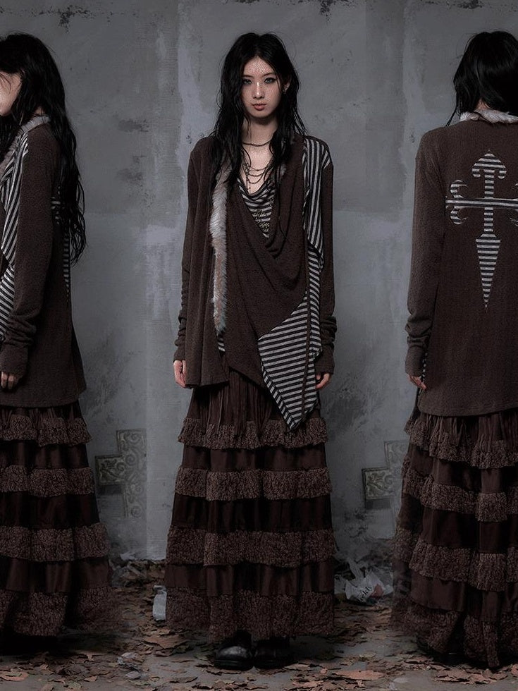 NO ROMANCE High Waist Court Tassel A Line Casual Brown No Stretch Maxi Skirts