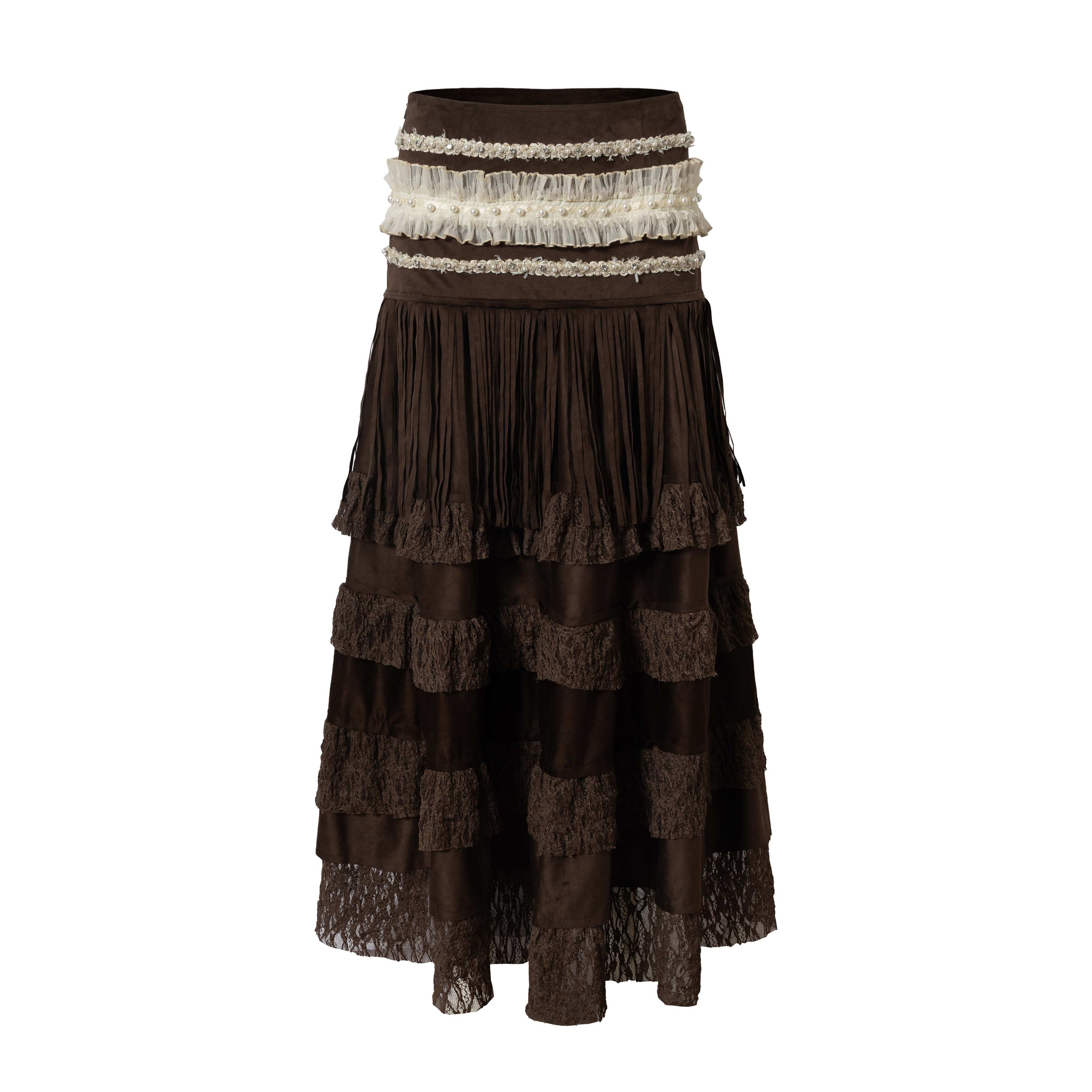NO_ROMANCE_High_Waist_Court_Tassel_A_Line_Casual_Brown_No_Stretch_Maxi_Skirts_MISSTT