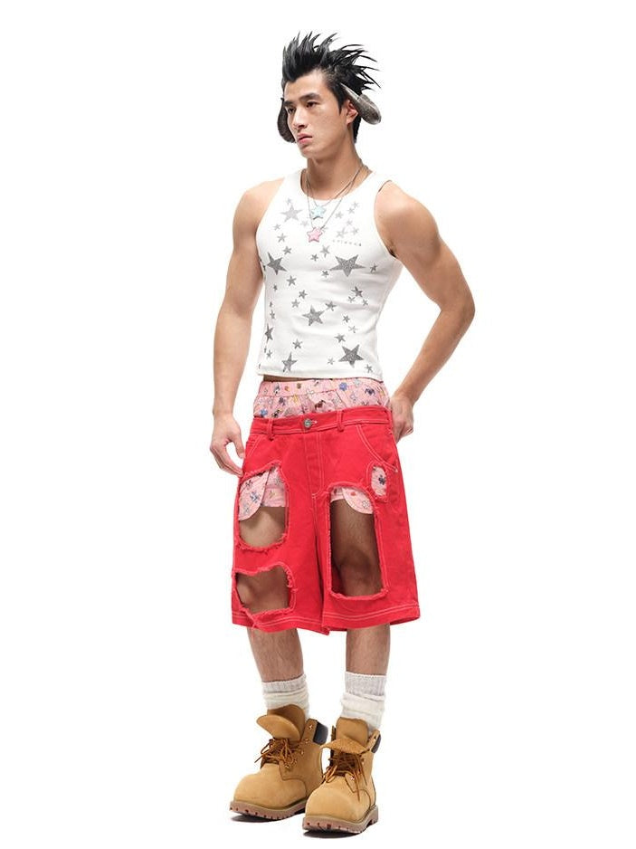CFIERCE Breathable Cotton Low Waist Wide Leg Loose Fit Casual Youth Red White Zipper Fly