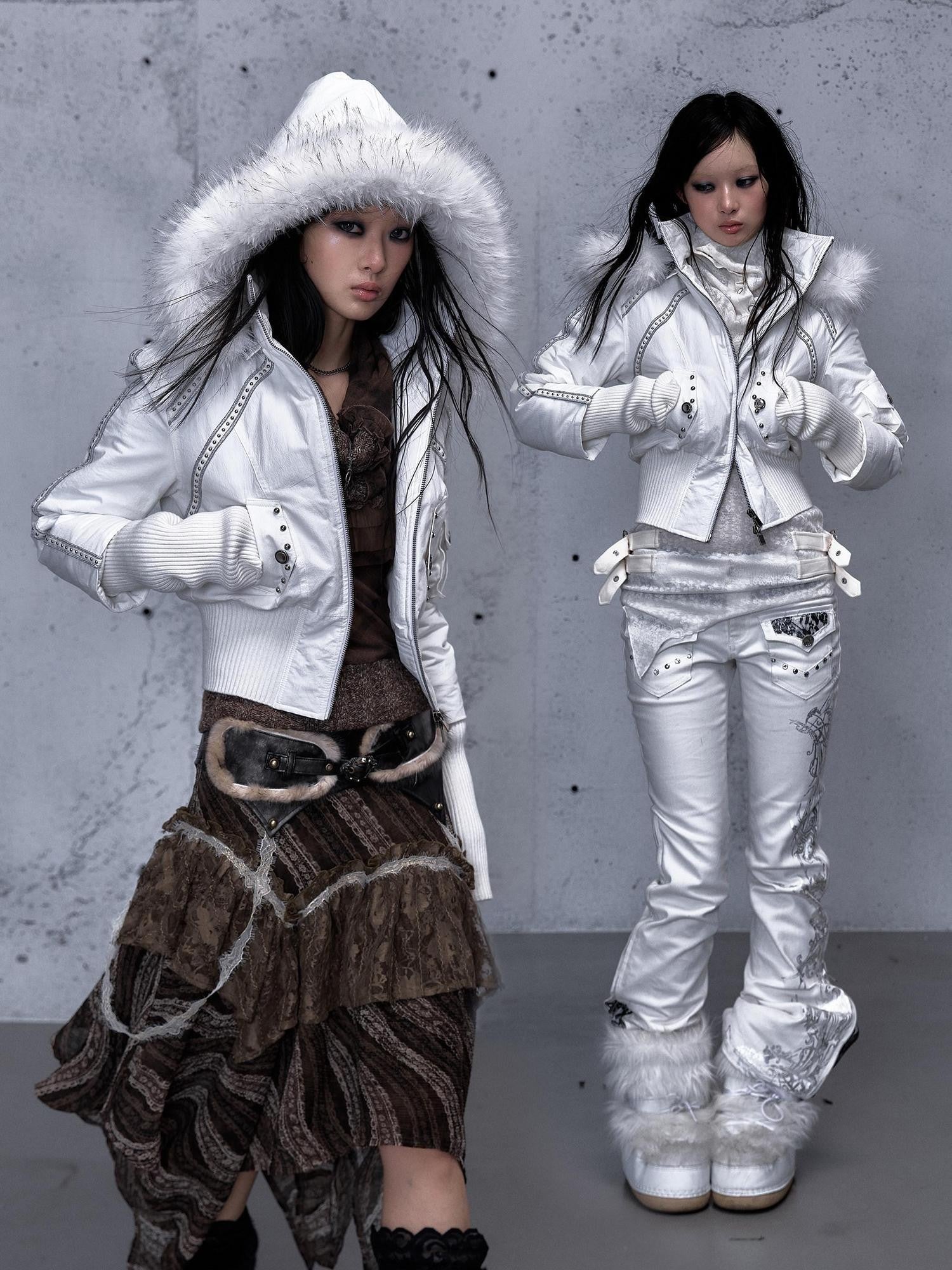 NO ROMANCE Edgy Punk Slim Fit Hooded Cropped Short Sleeve Zipper Women Puffer Jackets
