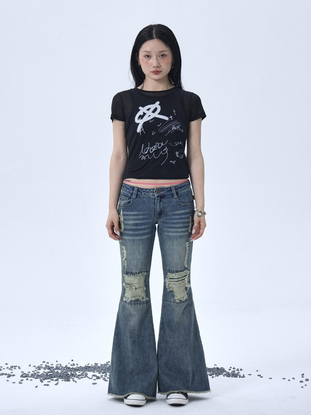 Achihara Vintage Washed Distressed Ripped Low Rise Women'S Denim Flare Jeans
