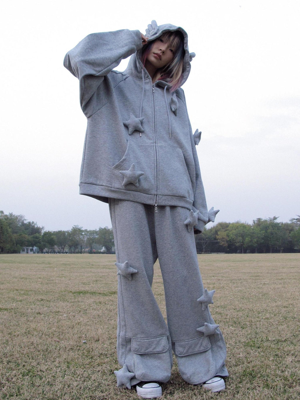 CFIERCE Asymmetrical Loose Straight Leg Street Natural Waist Gray Cotton Pants
