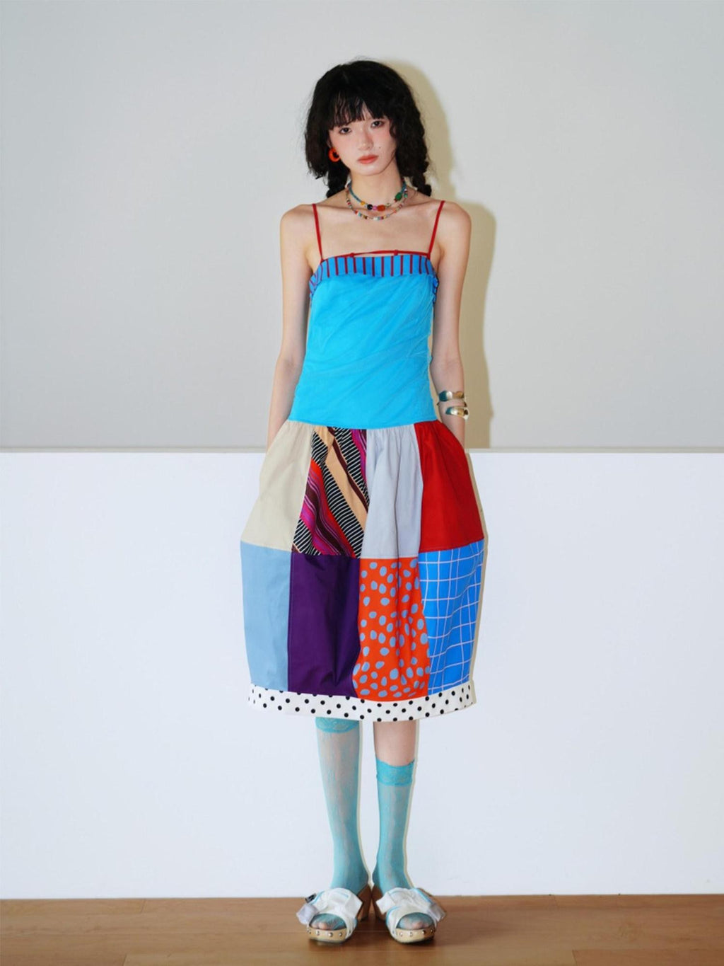 badtaste 17 Panel Spliced Printed Balloon Tuck Spaghetti Women's Slip Midi Dresses