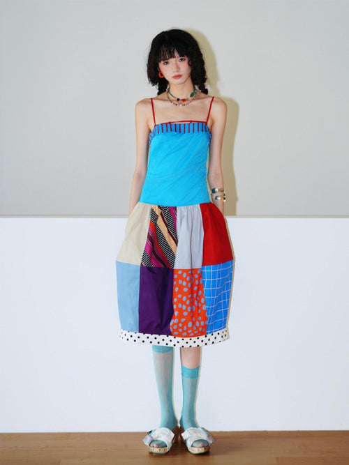 badtaste 17 Panel Spliced Printed Balloon Tuck Spaghetti Women's Slip Midi Dresses