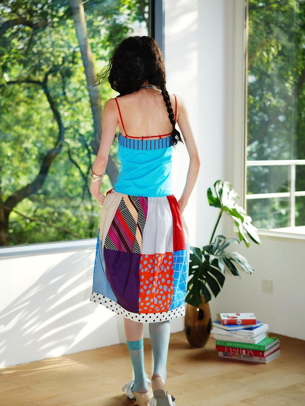 badtaste 17 Panel Spliced Printed Balloon Tuck Spaghetti Women's Slip Midi Dresses