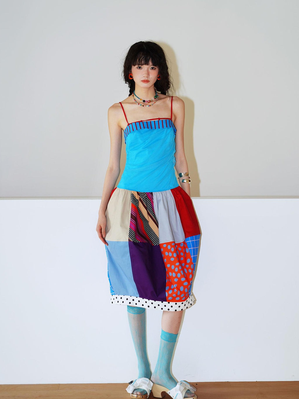 badtaste 17 Panel Spliced Printed Balloon Tuck Spaghetti Women's Slip Midi Dresses